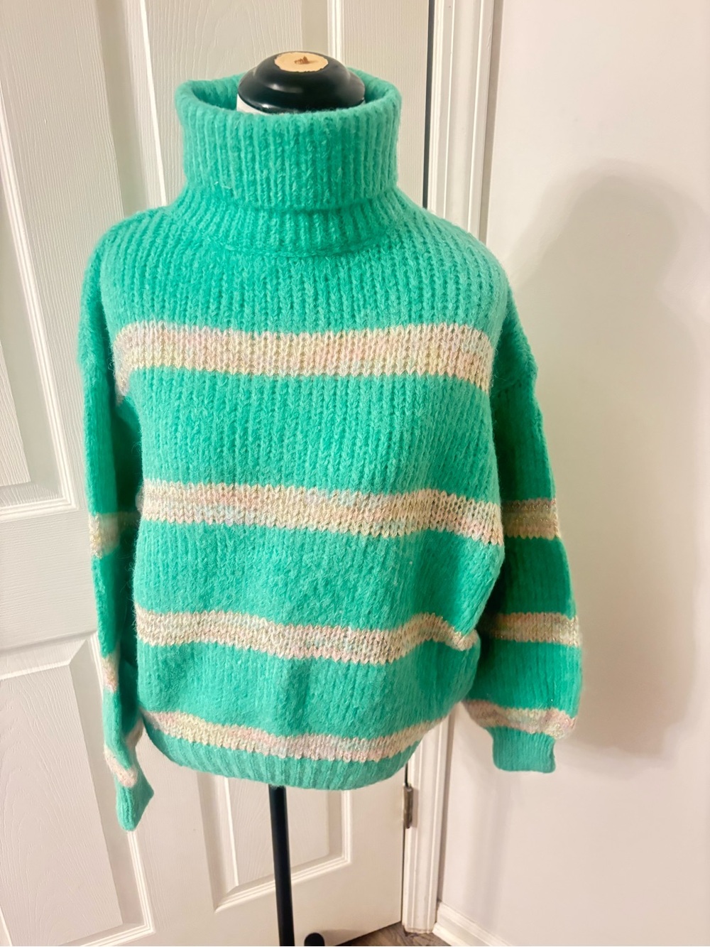 ANNA KAY Turquoise Turtleneck Sweater with Cream Stripes